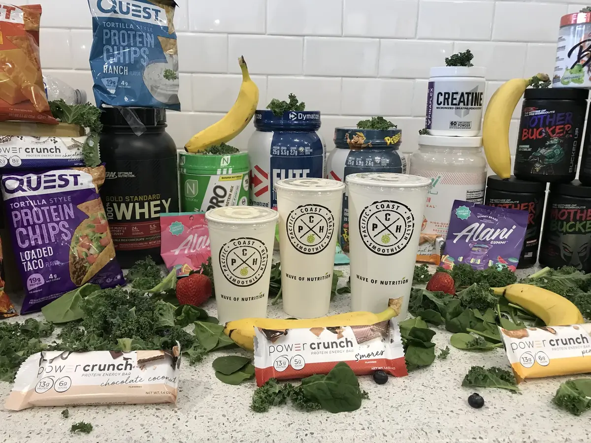 Healthy snacks, protein supplements, and fuel options at Pacific Coast Health Smoothie