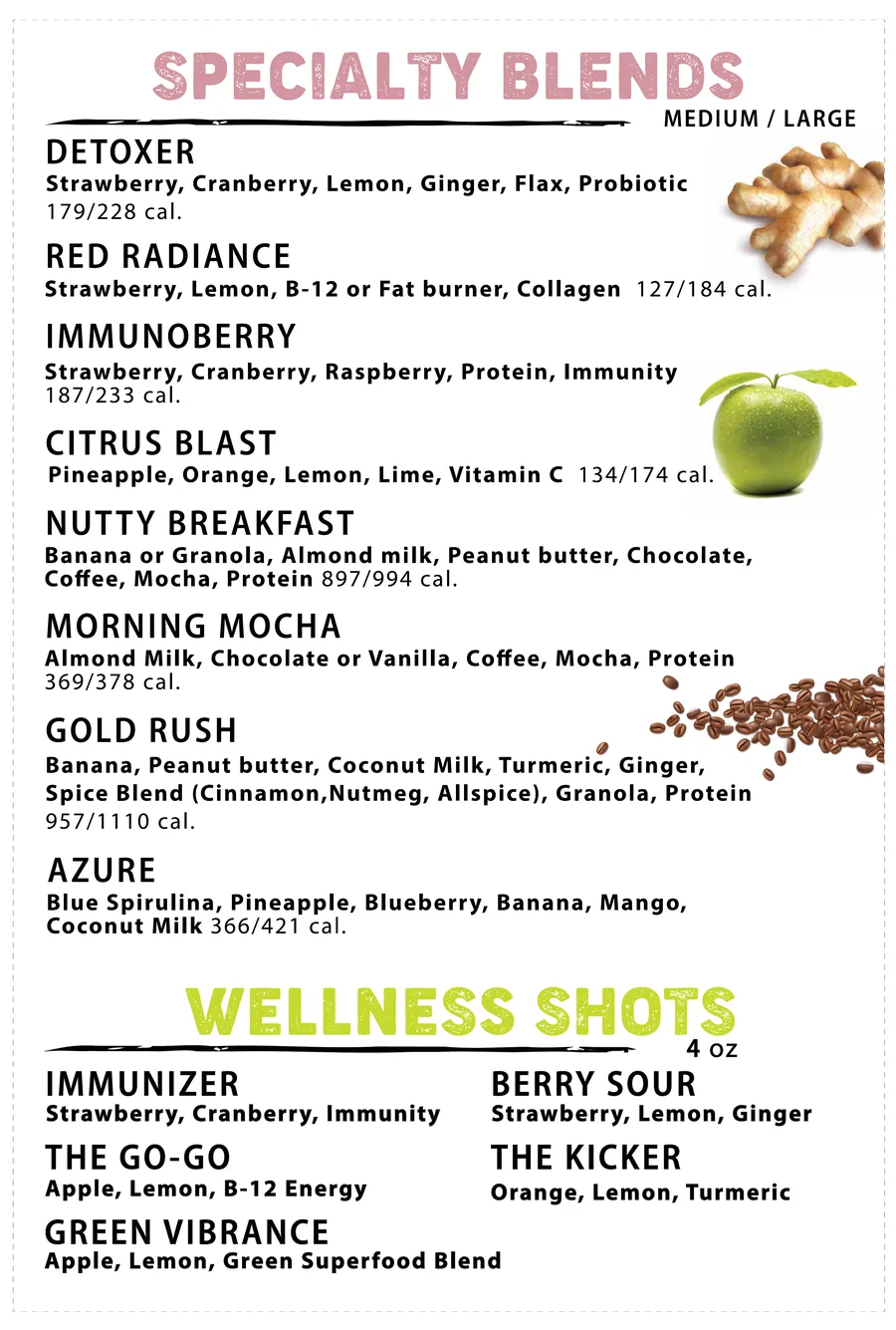Specialty Blends and Wellness Shots menu board