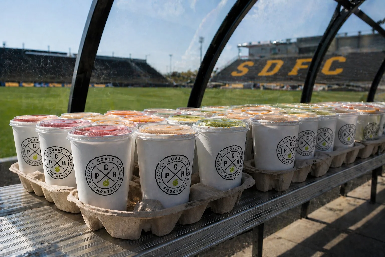 Pacific Coast Health Smoothie cups in carriers at SDFC stadium for a sports team catering event