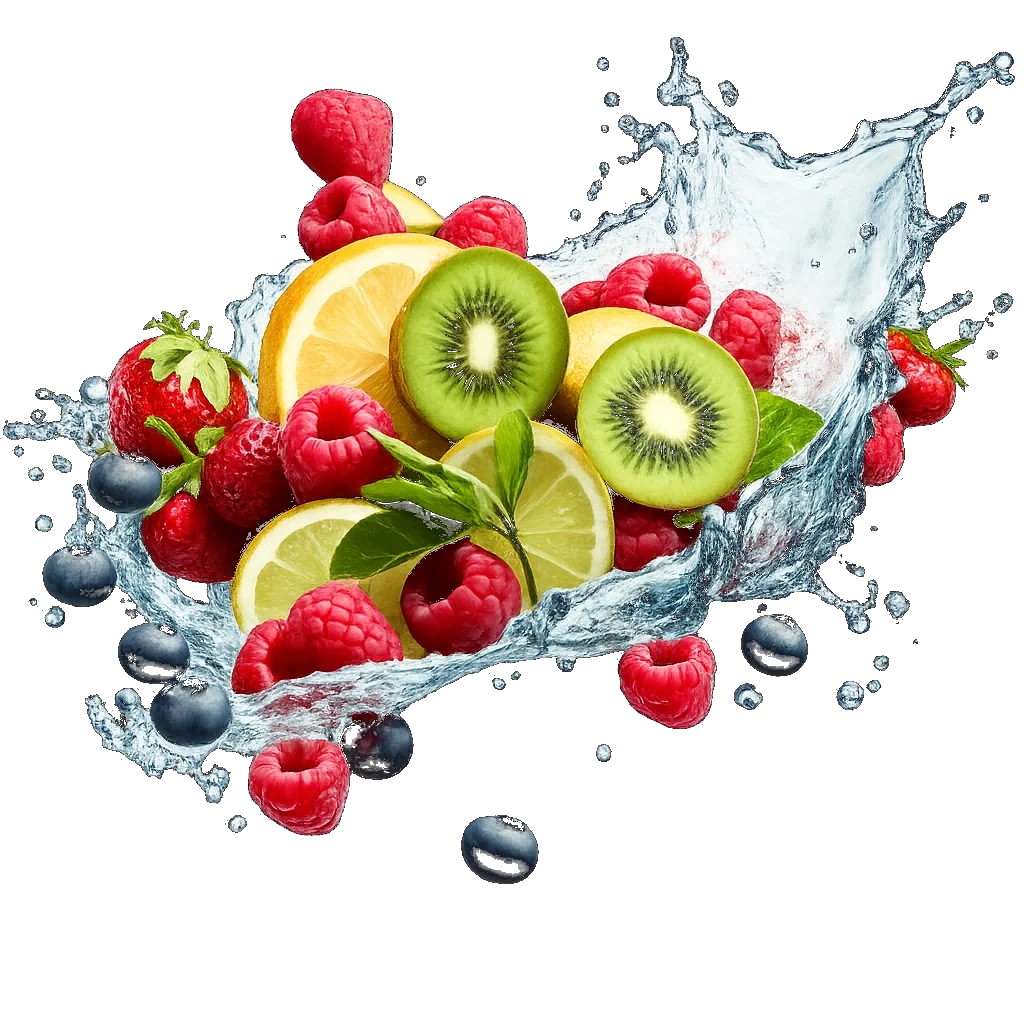 Fresh raspberries, strawberries, blueberries, kiwi and lemon mid-splash with water - the real ingredients in every Pacific Coast Health Smoothie blend